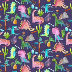 Cute children's watercolor illustration with dinosaurs and plants
