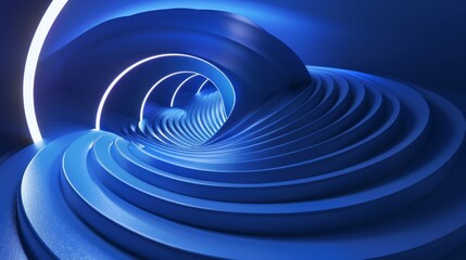 This 3D rendering shows an abstract, modern, minimal wallpaper with a spiral helix shape glowing over a blue background