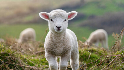 Cute white lamb with soft wool in lush green field.