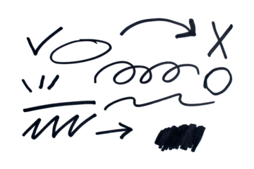 Set of doodles drawn with black marker on transparent background