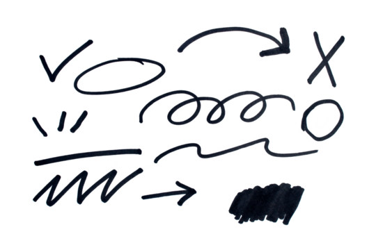 Set of doodles drawn with black marker on transparent background