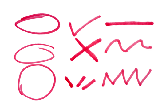 Set of doodles drawn with red marker on transparent background