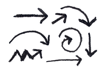 Set of arrow sign drawn with black crayon on transparent background