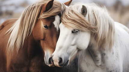 close up of a horse, Heads together, manes entwined: a quiet communion among horses. Their breaths sync, secrets shared in gentle whispers.