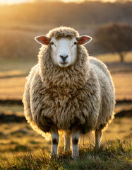 A close-up of a sheep with soft, white fur, looking directly at the camera, with a golden sunset in...