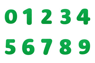 Set of green paper numbers on transparent background