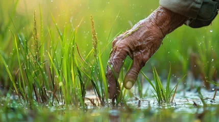 Foto op Canvas Old hand tenderly touching a young rice in the paddy field © Zie