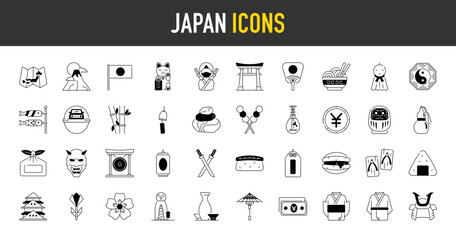 Japan icon set. Such as maneki neko, wind chimes, map, sake, onigiri, fuji mountain, kabuki, helmet, stones, sushi, daruma, bamboo, coin, dango, drink, geta, gong, katana vector icons.