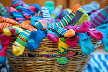 Colorful assorted socks overflowing in wicker laundry basket