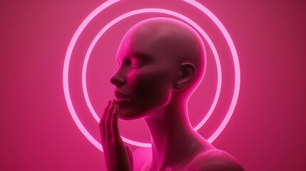 Fashion portrait of a futuristic mannequin with bald head and hands inside the glowing neon round frame isolated on pink background.