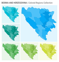 Bosnia map collection. Country shape with colored regions. Light Blue, Cyan, Teal, Green, Light Green, Lime color palettes. Border of Bosnia with provinces for your infographic. Vector illustration.
