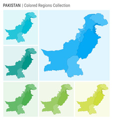Pakistan map collection. Country shape with colored regions. Light Blue, Cyan, Teal, Green, Light Green, Lime color palettes. Border of Pakistan with provinces for your infographic.