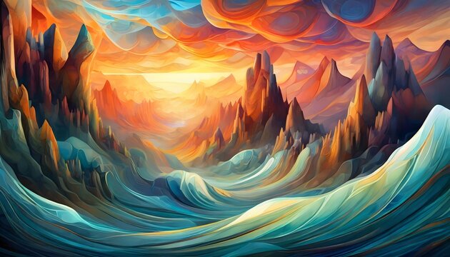 Vibrant fantasy landscape with swirling ocean and fiery sky in digital art style.