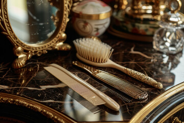 Fototapeta na wymiar Vintage grooming kit on an ornate antique dresser, featuring a hairbrush