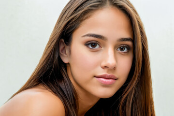 Fototapeta premium Close up face portrait of brunette girl in white background