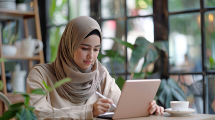 A young Muslim woman in hijab is sitting at a table and working on an tablet with an apple pencil.