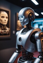 Naklejka premium A robotic military robot stands in a dark room, facing a screen