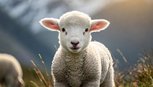 A close-up of a Fluffy white lamb with a golden hour mountain background.