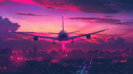 Airplane is flying in colorful sky over the city at night. Landscape with passenger airplane, skyline, purple sky with red and pink clouds. - obrazy, fototapety, plakaty