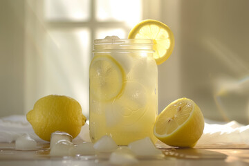 Mason jar with lemon water and ice slices on a wooden table - obrazy, fototapety, plakaty