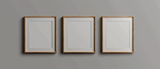 Three rectangular picture frames made of wood are displayed on a gray wall, creating a symmetrical and artistic focal point in the room