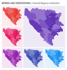 Bosnia map collection. Country shape with colored regions. Deep Purple, Red, Pink, Purple, Indigo, Blue color palettes. Border of Bosnia with provinces for your infographic. Vector illustration.