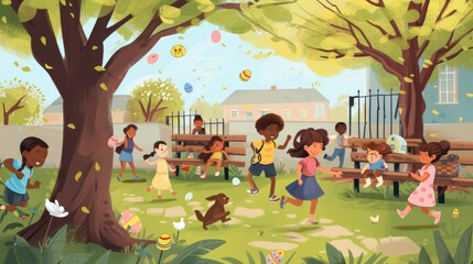 A group of happy children are playing with Easter eggs under a tree in the park, surrounded by green grass. They laugh and have fun, like characters in a cartoon AIG42E