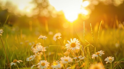 daisy blooms in a field on sunset