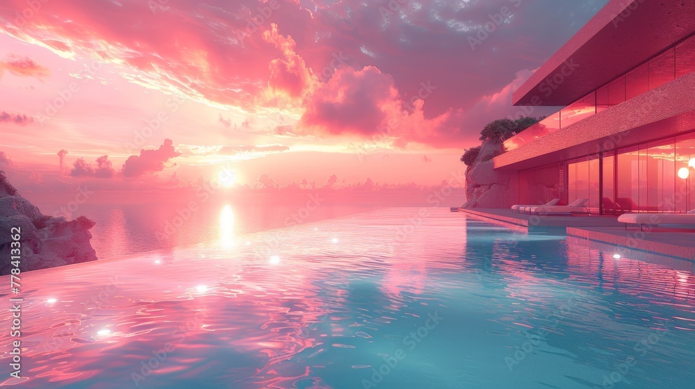 Poster pink sunset pool