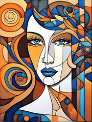 Abstract art background, a woman's face made of multi-colored mosaic