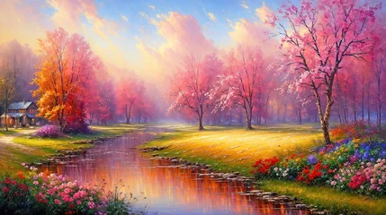 Foto op Canvas Idyllic spring landscape, beautiful trees with colorful leaves, countryside landscape oil painting on canvas background. © Cobalt
