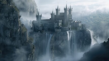 An enchanted castle perched atop a rugged cliff, surrounded by swirling mists and thundering...