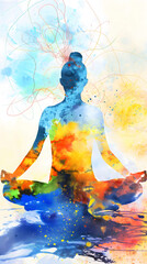 Yoga woman in lotus pose over colorful watercolor background.