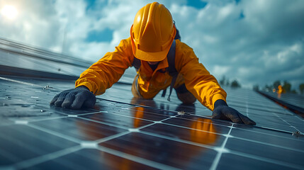 Close-up of worker installing photovoltaic panels on solar power plant