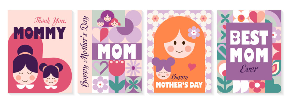 Mother's day abstract geometric posters set with mom and kids, flowers, hearts, simple forms and trendy typography. Modern vector templates for greeting cards, banners, covers, social media.