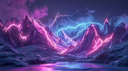 Render of a 3D landscape with glowing lightning symbol and rocky mountains in an abstract neon background