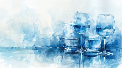 Elegant Glassware on Blue Watercolor Surface - obrazy, fototapety, plakaty