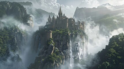 An enchanted castle perched atop a rugged cliff, surrounded by swirling mists and thundering...