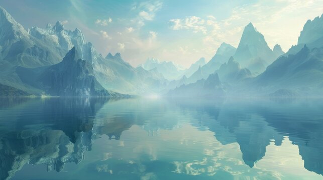 3D render with mountains reflecting in the water. Abstract background. Wallpaper with skyline. Spiritual zen wallpaper.