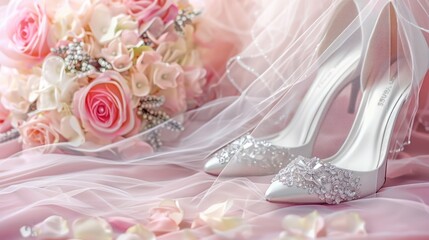 Close-up bouquet and shoes for the bride with veil, pastel shades, the concept of wedding.