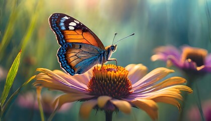 orange butterfly with detailed wings gracefully perches atop a blooming purple coneflower, set...