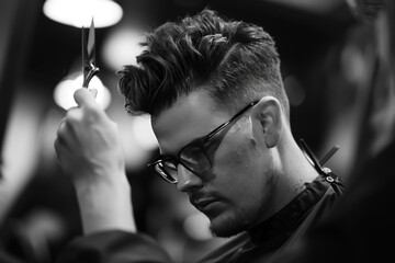 Professional hairstylist holding scissors for hair trimming in a salon