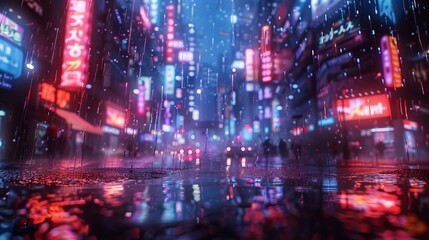 Fototapeta premium Neon Rain: A Futuristic 3D Cyberpunk Cityscape.