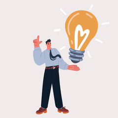Fototapeta na wymiar Cartoon vector illustration of Young man having a idea. Freelance job, creativity innovation and business idea concept. Bulb in his hand