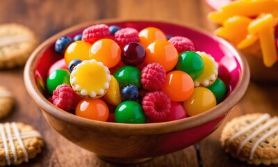A wooden bowl filled with a mix of fruit and cookies on a table