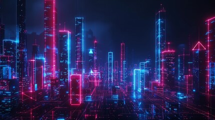 Render of an abstract neon city at night with blue and red glowing lights in a geometrical background
