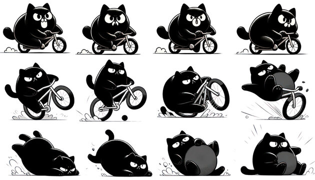 Set of  pictures Black fat cat riding a bicycle Falling in many different positions cartoon png