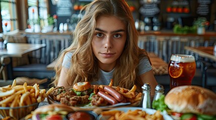 Young chubby latin woman sitting at the table with unhealthy food, looking at camera.