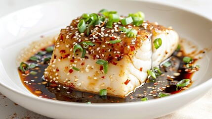 Cod loins with vegetables, spices and soy sauce.