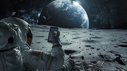 An astronaut sitting on the moon, taking pictures to earth with his phone. - obrazy, fototapety, plakaty
